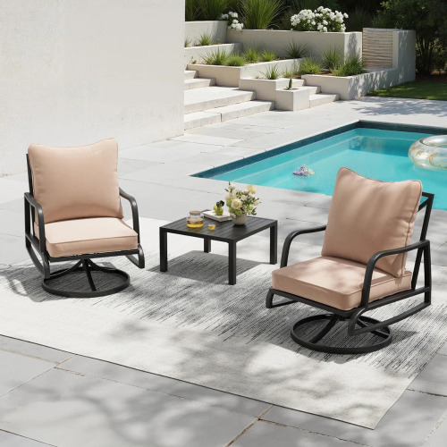 Soohow 3-Pieces Outdoor Swivel Chair Seating Group With Side Table, Beige Cushions, New Open Box $699
