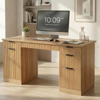 Ebern Designs Ato 58" Fluted Modern Desk With Storage, Wood Home Office Desk With 1 File Cabinet, 3 Drawers & Charging Station, Natural Wood, New in Box $499