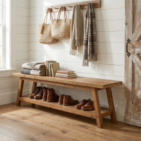 Millwood Pines Solid Wood 63"Shoe Bench With 2-Tier Storage, Rustic Entryway Bench For Hallway, Farmhouse Style, Natural Oak, New in Box $299