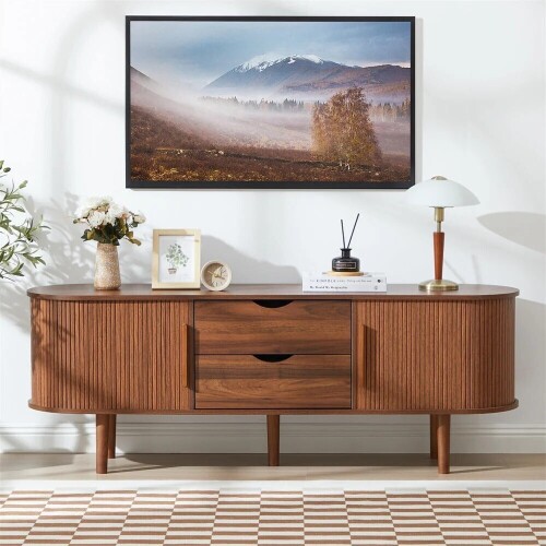George Oliver Modern TV Stand Console Table Entertainment Center with Storage Compartment and Sliding Door, Walnut, New in Box $399