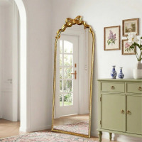 Ebern Designs Antique Gold Baroque Arched Floor Mirror With Bow Accent (55" X 21"), New in Box $299