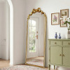 Ebern Designs Antique Gold Baroque Arched Floor Mirror With Bow Accent (55" X 21"), New in Box $299