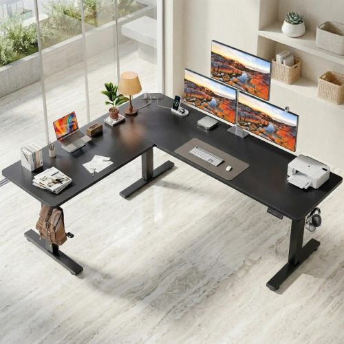 Inbox Zero L-shaped Electric Adjustable Height Standing Desk, With Memory Controller, (45.7" H x 74.8" W x 63" D), Black, New in Box $499