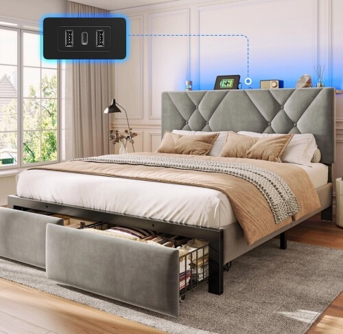 EnHomee King Size Bed Frame with 2 Drawers & Storage Platform Upholstered Bed Frame Queen with Headboard Queen Bed Frame with LED Lights & Charge Station, No Box Spring Needed, No-Noise, Gray New Open Box $499