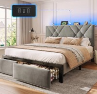 EnHomee Queen Size Bed Frame with 2 Drawers & Storage Platform Upholstered Bed Frame Queen with Headboard Queen Bed Frame with LED Lights & Charge Station, No Box Spring Needed, No-Noise, Gray New Open Box $499