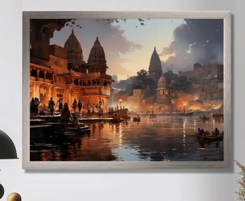 Red Barrel Studio&reg; Beige Grey Indian Art Ghats Of - Indian Art Wall Art Decor, 24" H x 32" W x 1" D New In Box $199