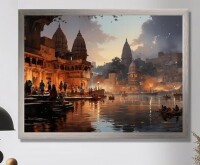 Red Barrel Studio&reg; Beige Grey Indian Art Ghats Of - Indian Art Wall Art Decor, 24" H x 32" W x 1" D New In Box $199