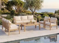 Christopher Knight Home Elva Outdoor 5-Piece Solid Wood Patio Conversation Set with Beige Cushions, Slatted Coffee Table, Light Teak Finish (5 Boxes) New in Box $2299