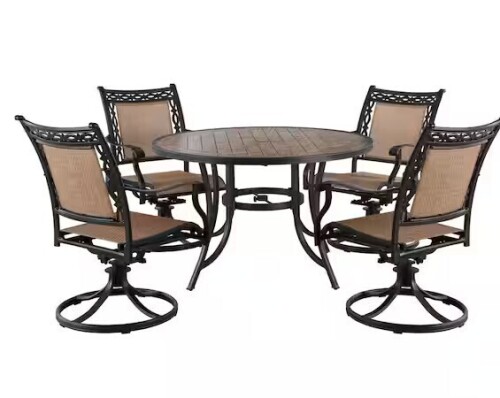 Mondawe Classic 5-Piece Cast Aluminum Outdoor Dining Set with Swivel Sling Chairs & Ceramic Tile Top Table (3 Boxes) New in Box $1899