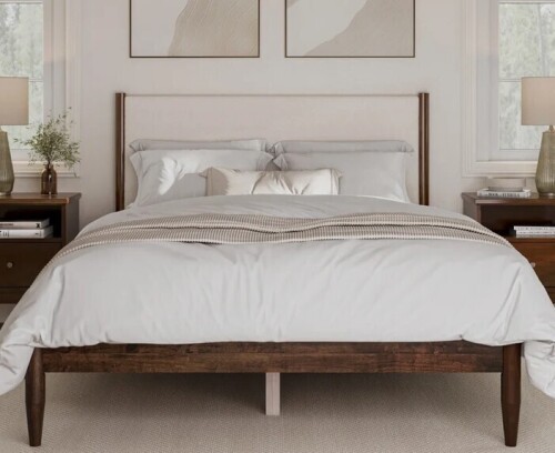 Wade Logan Besan Solid Wood Boucle Upholstered Headboard Bed Frame King Size Cream New in Box $1299