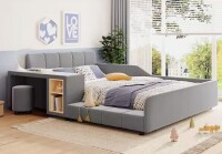 Harper & Bright Gray Modern Luxury Wood Frame Queen Size Soft Velvet Upholstered Platform Bed with Bedside Desk and Round Stool New in Box $799