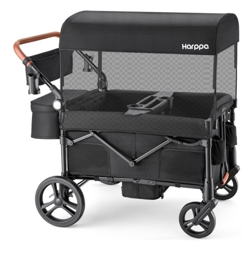 HARPPA Foldable Wagon Stroller for 4 Kids with 5-Point Harness, Canopy, Black $499
