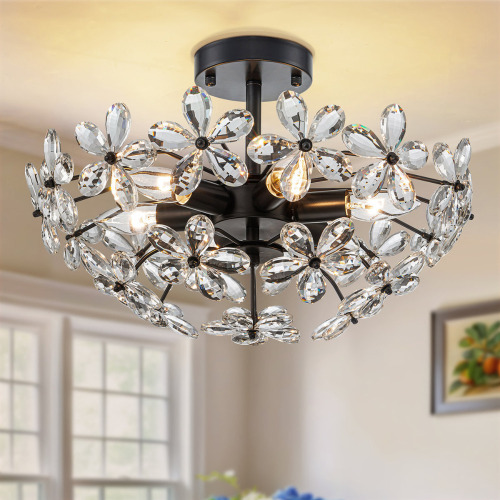 House of Hampton&reg; Kuol 6-Lights 17.7" Modern Dimmable Crystal Champagne Flower Semi Flush Mount Ceiling Light New Open Box $299