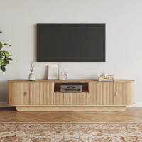 Ebern Designs 86.6" Curved TV Stand for 85" TV, Fluted Media Entertainment Center with Storage, Media Console with Sliding Doors, Mid Century Modern TV Console, Natural Wood, New in Box $399