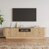 Ebern Designs 86.6" Curved TV Stand for 85" TV, Fluted Media Entertainment Center with Storage, Media Console with Sliding Doors, Mid Century Modern TV Console, Natural Wood, New in Box $399
