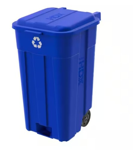 HDX 45 gal. Blue Heavy Duty Outdoor Recycling Trash Can with Wheels and Attached Lid New Shelf Pull $89