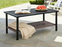 COOS BAY Rectangular Patio Metal Coffee Table 2-Tier w/ Wicker Storage Shelf Weather-Resistant Wood-Grain for Pool Outdoor New In Box $299
