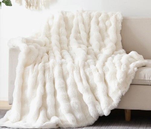 AIMEBBY Faux Fur Throw Blanket for Couch &ndash; Cream White Fluffy Cozy Rabbit Fleece, Plush Soft Bubble Blanket for Sofa & Bed, Warm Fuzzy Home Room Decor Throw 50" x 60" $199