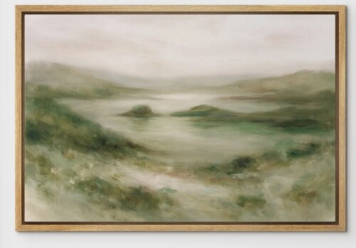 Latitude Run&reg; Soft Green Hillside Overlooking Tranquil Lake Landscape Framed Canvas Master Bedroom Wall Art Work Print, 24" H x 36" W x 1.5" DNew Shelf Pull $199