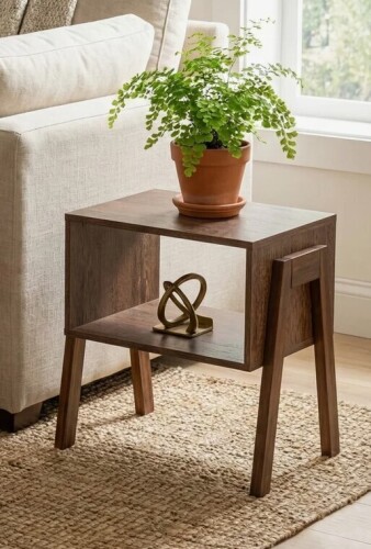 Ebern Designs Mid-Century Modern Stackable Wooden Bedside Table in Walnut Brown New In Box $199