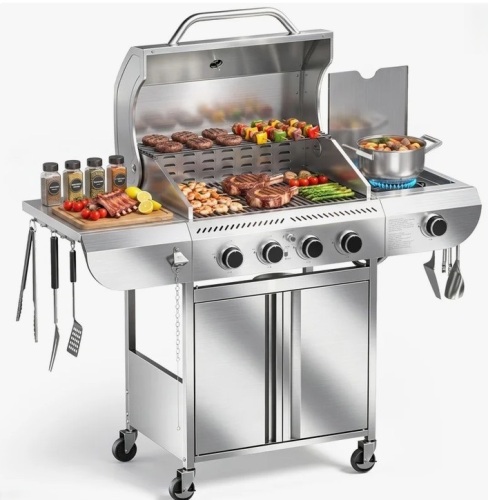 R.W.FLAME Premium 304 Stainless Steel 4 - Main Burner Gas Grill with 1 Side Burner, 42,000 BTU for Liquid Propane, Featuring Dual - Brake Universal Wheels New in Box $999