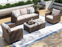 Phi Villa Brown Rattan Wicker 7 Seat 5-Piece Steel Patio Outdoor Sectional Set with Beige Cushions, 2 Swivel Chairs, 2 Ottomans New Floor Model $1899