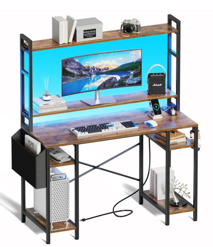 Huuger 55 inch Computer Desk with Adjustable Shelves, Gaming Desk with LED Lights & Power Outlets, Home Office Desk with Monitor Stand, Hooks & CPU Stand, Rustic Brown New In Box $399