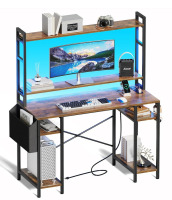 Huuger 55 inch Computer Desk with Adjustable Shelves, Gaming Desk with LED Lights & Power Outlets, Home Office Desk with Monitor Stand, Hooks & CPU Stand, Rustic Brown New In Box $399