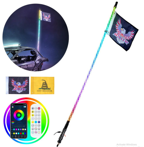VEVOR 1 PC 4 FT Whip Light, APP & RF Remote Control Led Whip Light, Waterproof 360&deg; Spiral RGB Chasing Lighted Whips with 2 Flags, for UTVs, ATVs, Motorcycles, RZR, Can-am, Trucks, Off-road, Go-karts New In Box $199