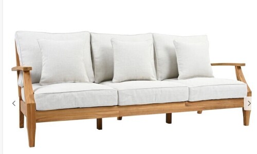 SAFAVIEH Couture Martinique Wood Patio Sofa - Natural Teak / White New in Box $1999