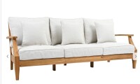 SAFAVIEH Couture Martinique Wood Patio Sofa - Natural Teak / White New in Box $1999