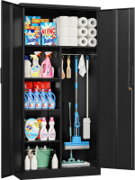 SISESOL Wide & Deep Metal Storage Cabinet with Hanging Rod, Black Broom Closet Storage Cabinet with Lock, 72" Tall Wardrobe Cabinet with Doors and Shelves, Locking Steel Tool Cabinet for Home, Office, Garage New In Box $399