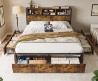 Snhomee Bed Frame with Storage Headboard and 6 Drawers & Charging Station - No Noise, No Box Spring Frames, Queen New In Box $599