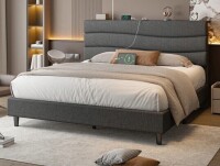 Reibii 880LBS Upholstered Bed Frame, Adjustable Headboard with Charging Station, Noise-Free & Easy Assembly - Grey / King New In Box $599