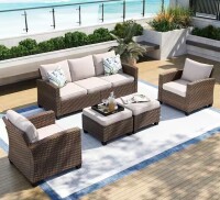 Phi Villa Brown Rattan Wicker 7 Seat 5-Piece Steel Patio Outdoor Sectional Set with Beige Cushions,2 Swivel Chairs,2 Ottomans (3 Boxes) New in Box $1899