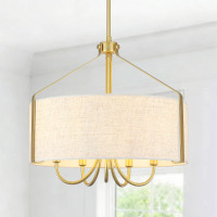 Ebern Designs Ciriclio 5 - Light 18.35" Iron Dimmable Drum Linen Blend Chandelier With White Fabric Shade For Bedroom New In Box $599