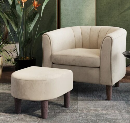 Willa Arlo Interiors Torrence 31.7'' Upholstered Barrel Chair with Ottoman in Beige New in Box $499