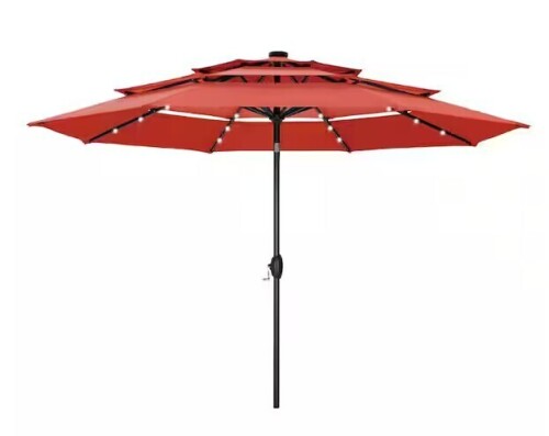 Phi Villa 10 ft. 3-Tier Patio Market Umbrella with Solar LED Lights AutoTilt and Crank in Terracotta New in Box $299