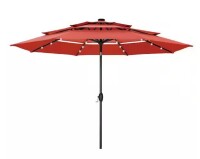 Phi Villa 10 ft. 3-Tier Patio Market Umbrella with Solar LED Lights AutoTilt and Crank in Terracotta New in Box $299
