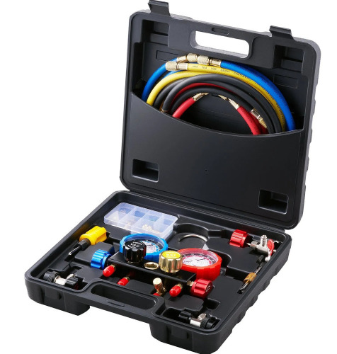 VEVOR 4 Way AC Gauge - AC Manifold Gauge Set for R134A R22 R12 R410A Refrigerant, Freon Gauges with 5ft Hoses, Couplers, Can Tap Works on Car Auto Freon Charging and Evacuation New In Box $99