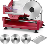 FOHERE 250W Electric Meat Slicer Machine for Home Three 7.5" Stainless Steel Blades with Tray,0-15mm Precise Thickness Deli Cutter, Ideal Bread, Fruit or Cheese, Red On Working $299