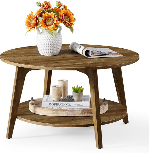 VASAGLE Round Coffee Table, 2-Tier Center Table with Storage, Tapered Legs Curved Transitions, Easy Assembly, for Living Room, 31.5 Dia. x 17.7 H Inches, Honey Brown New In Box $199