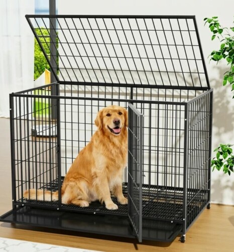 YOKWOK 48 Inch Heavy Duty Wire Dog Crate for Large Dogs, Indestructible Metal High Anxiety Escape Proof Cage with Wheels & Removable Tray, Double-Door Design, XL Dog Kennel for Indoor New In Box $399