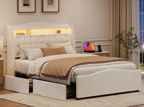 Red Barrel Studio Velvet Upholstered Queen Bed Frame with Storage Drawers, Platform Bed with Arched Tufted Headboard & LED Lighting New Open Box $699