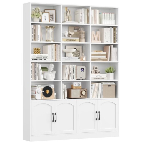 Homfa 5-Tier Triple Wide Bookcase with 4 Doors, 15 Cubes Bookcase with 2 Cabinets, White in Box $399