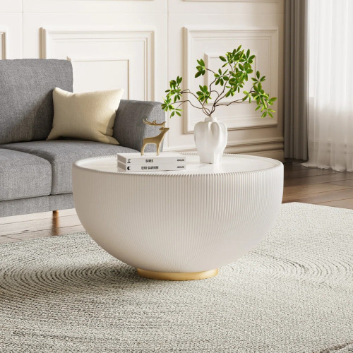 Mercer41 Modern Round Coffee Table, 27.55" Bowl Shaped Fluted Coffee Table with White Top & PU Leather Covered & Gold Metal Base Modern Coffee Cocktail Center Table, New in Box $399