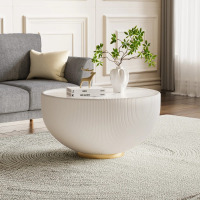 Mercer41 Modern Round Coffee Table, 27.55" Bowl Shaped Fluted Coffee Table with White Top & PU Leather Covered & Gold Metal Base Modern Coffee Cocktail Center Table, New in Box $399
