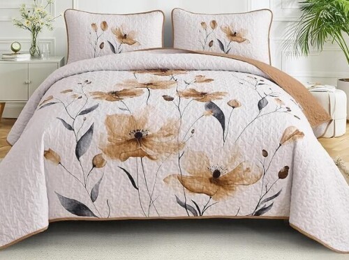 Mybedsoul King Size Quilt Set Brown, 3 Pcs Fall Bedspread Set Summer Lightweight Farmhouse Botanical Bedding Set with 2 Shams, Reversible Polyester Coverlet Set for All Seasons New In Box $299