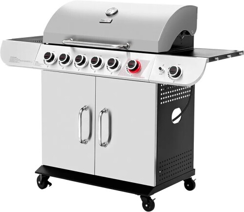 Royal Gourmet (SG6002R) 6-Burner Propane Gas Grill with Side Burner, Silver, Cabinet Style Gas Grill with 71,000 BTU, Extra-large Cooking Space Side Burner for Versatility, Built-In Thermometer, New Shelf Pull $499