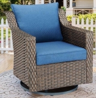 Opohoro SlideArm Metal and Brown Wicker Outdoor Rocking Patio Swivel Chair with Olefin Navy Blue Cushions, New in Box $599